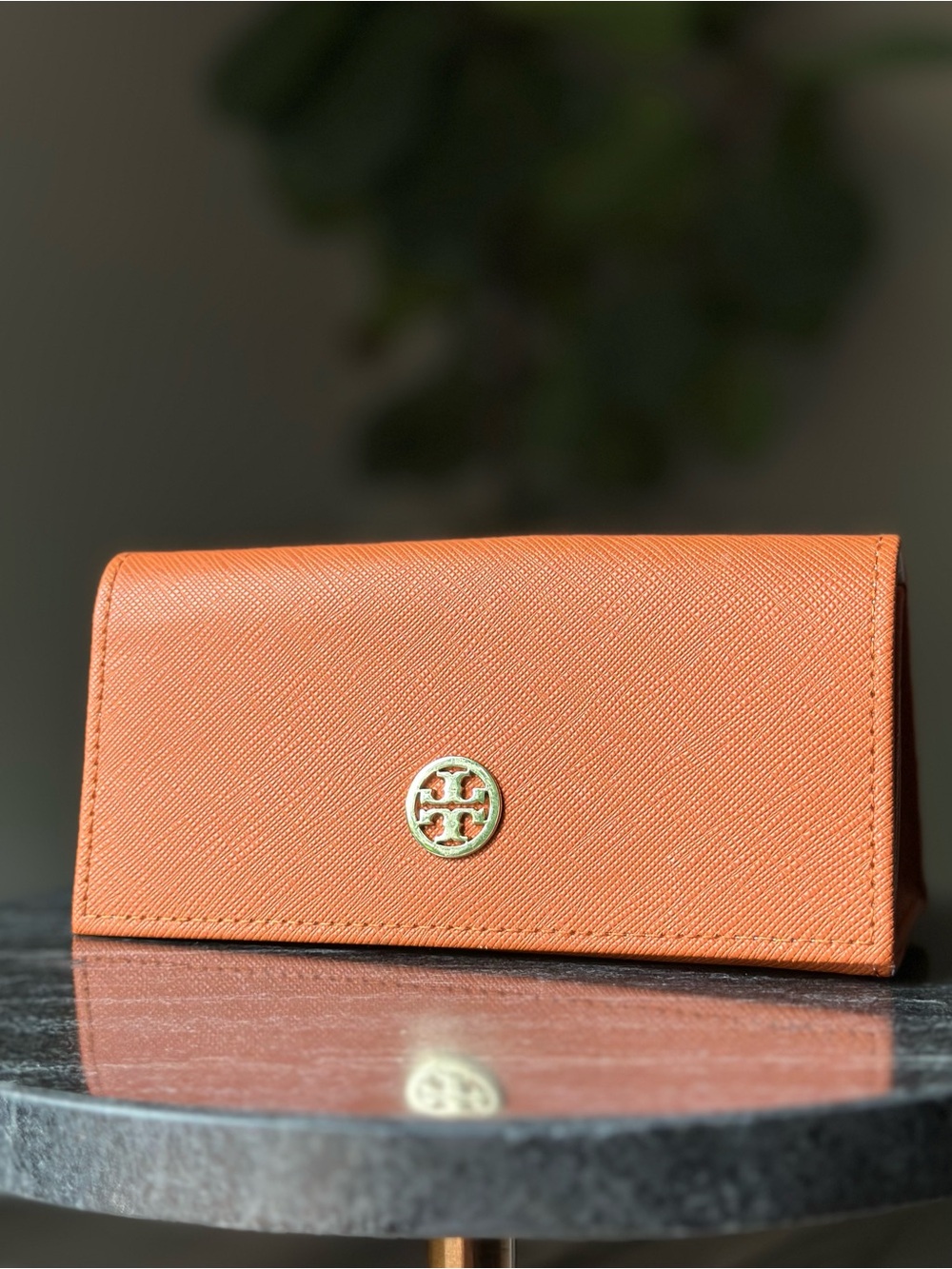 Tory Burch Saffiano Leather Eyewear Case, Orange, Gold logo medallion, cream